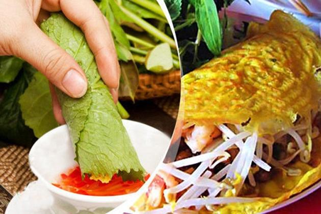 Bánh xèo với nhân thập cẩm đa dạng, ăn kèm với rau sống và nước mắm tỏi ớt rất ngon