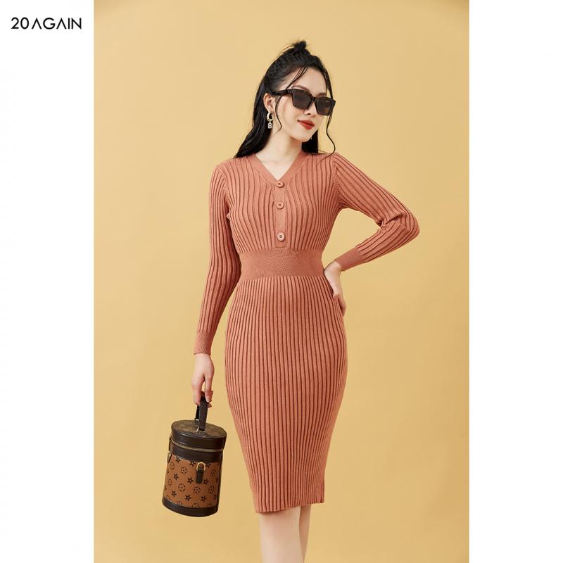 Váy len ôm body dài tay 20AGAIN, thiết kế basic, tôn dáng che khuyết điểm DLA0070